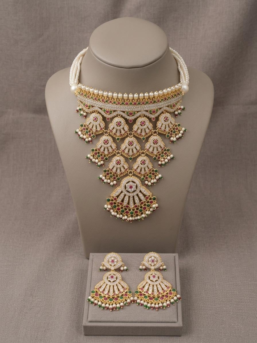 Pearl Kundan Necklace Set, Indian Bridal Jewelry, Wedding Statement Necklace Earrings
