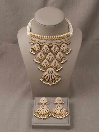 Pearl Kundan Necklace Set, Indian Bridal Jewelry, Wedding Statement Necklace Earrings