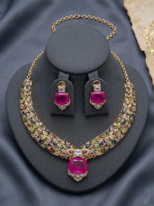 Multicolor CZ Bridal Necklace Set, Statement Jewelry, Luxury Wedding Necklace with Earrings