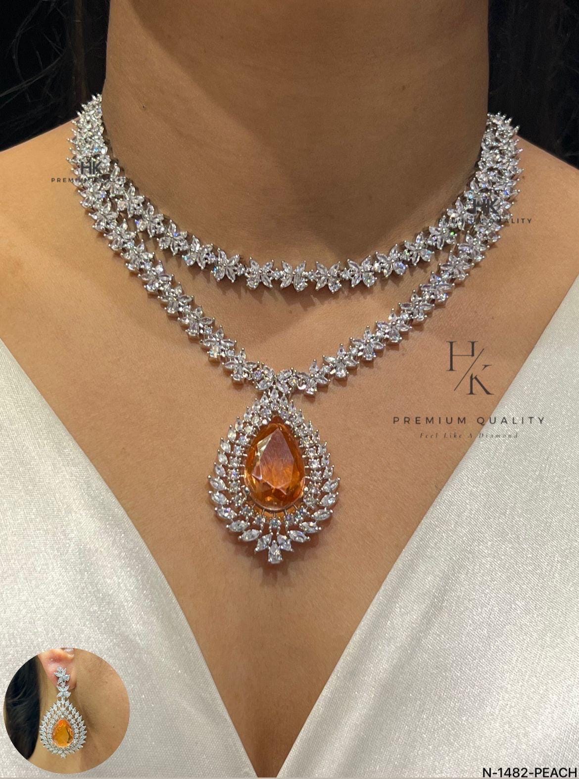 CZ Bridal Necklace Set, Double Layer Floral Crystal Pendant, Luxury Wedding Jewelry