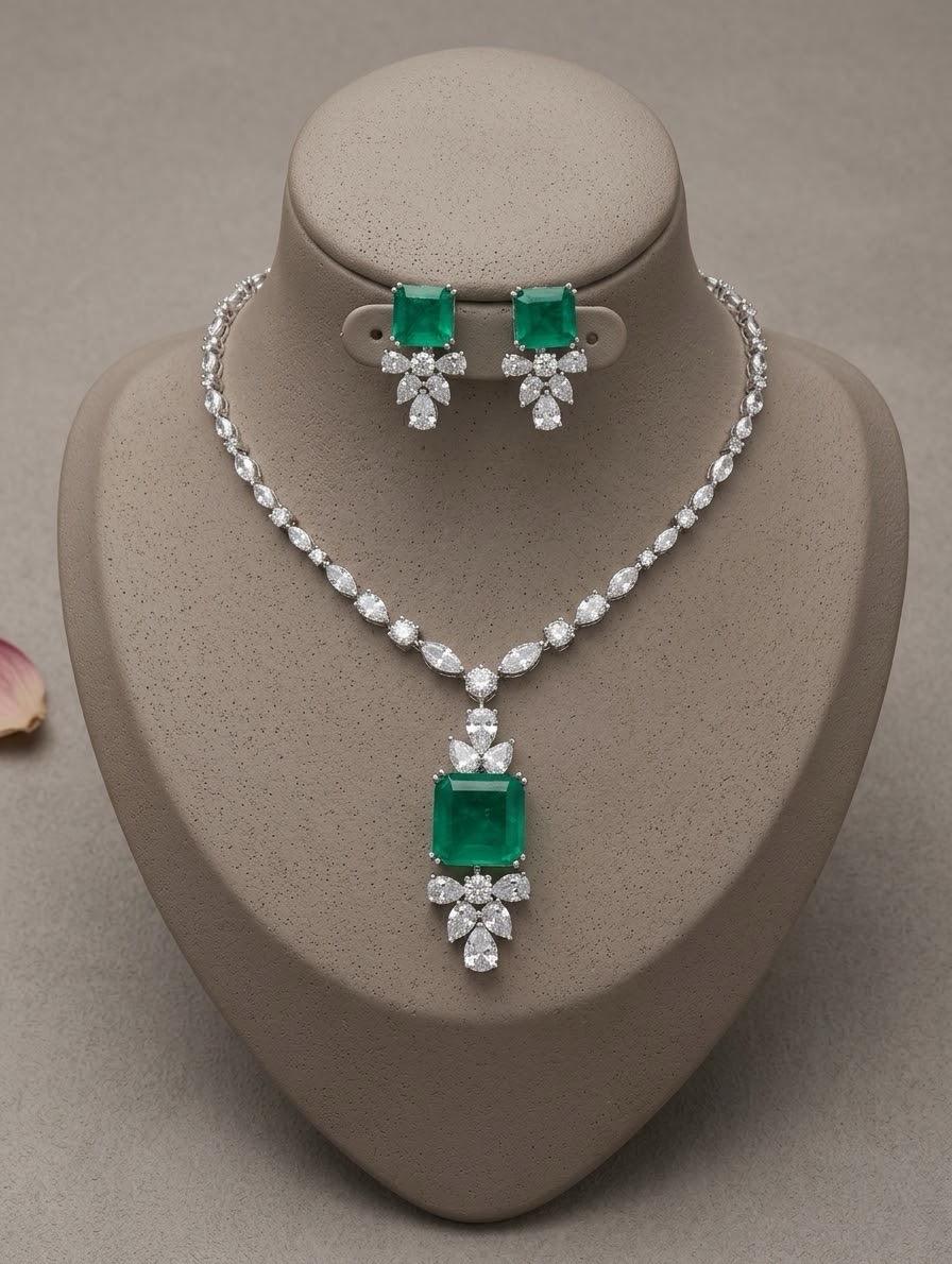 Emerald CZ Bridal Necklace Set, Elegant Pendant Earrings, Wedding Jewelry Rhodium Finish