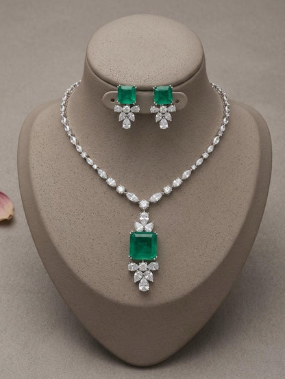Emerald CZ Bridal Necklace Set, Elegant Pendant Earrings, Wedding Jewelry Rhodium Finish