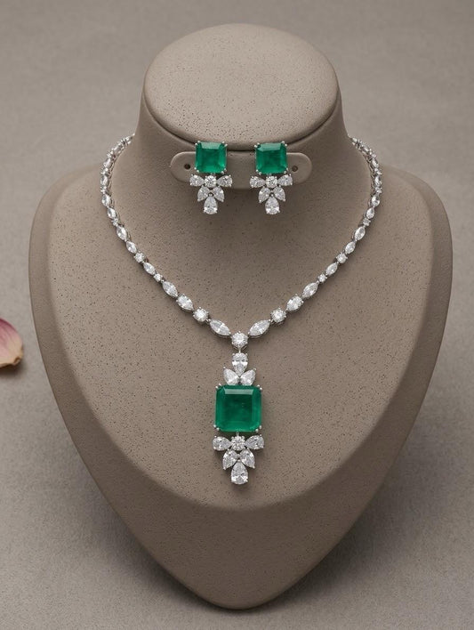 Emerald CZ Bridal Necklace Set, Elegant Pendant Earrings, Wedding Jewelry Rhodium Finish