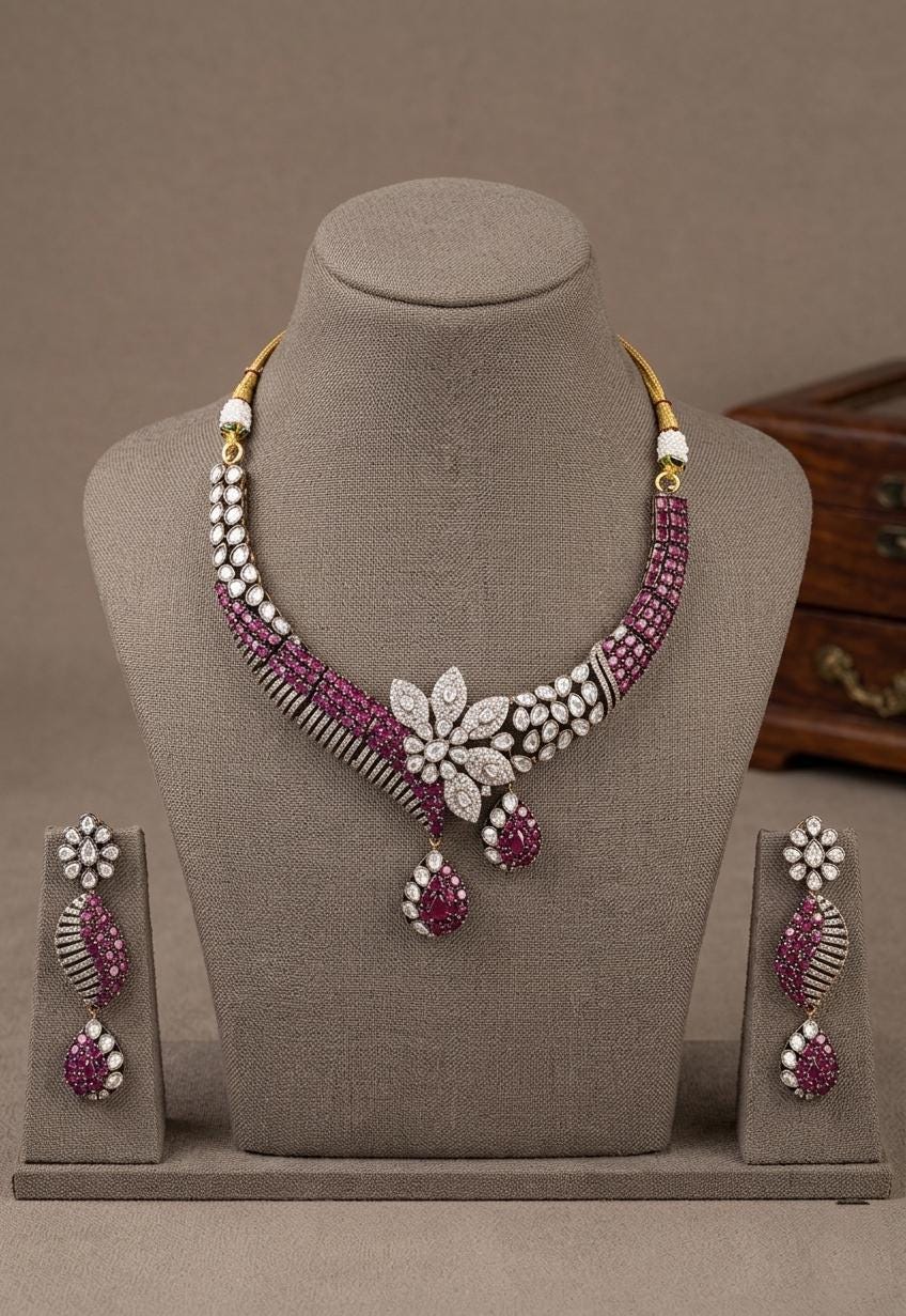Pink CZ Floral Statement Bridal Necklace Set, Wedding Jewelry, Kundan Style Earrings