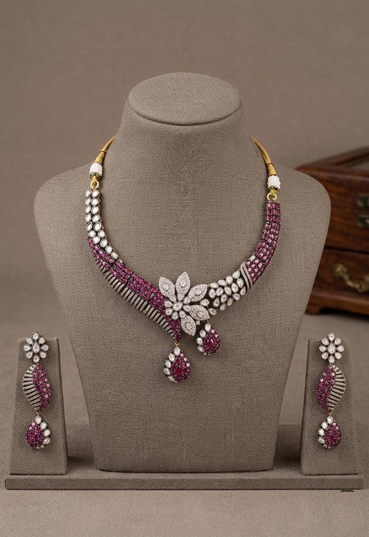 Pink CZ Floral Statement Bridal Necklace Set, Wedding Jewelry, Kundan Style Earrings