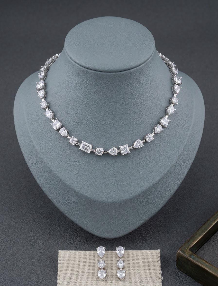 Minimal CZ Tennis Necklace Set, Mixed-Cut Diamond-Look Bridal Jewelry