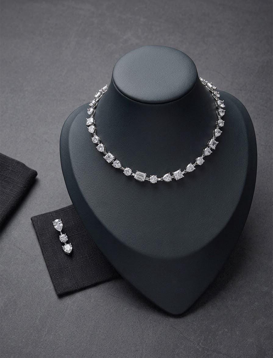 Minimal CZ Tennis Necklace Set, Mixed-Cut Diamond-Look Bridal Jewelry