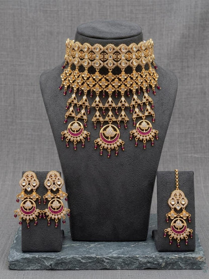 Gold Kundan Choker Necklace Set with Maang Tikka, Ruby Bridal Jewelry
