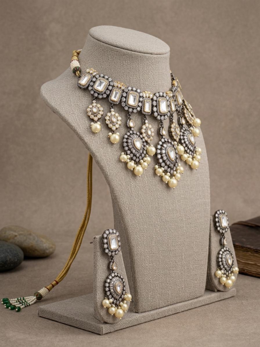 Victorian Oxidized Kundan Choker Necklace Set, Pearl Bridal Jewelry