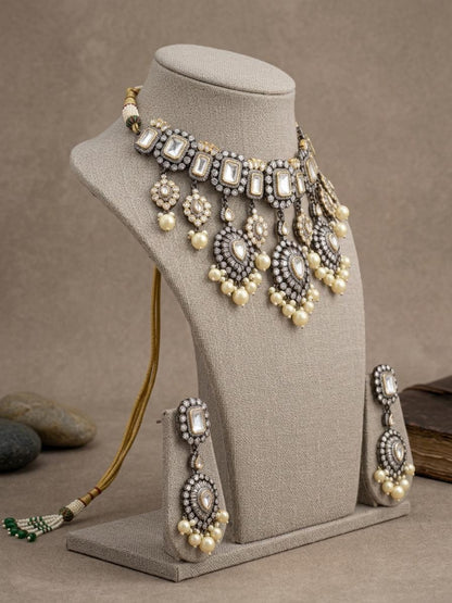 Victorian Oxidized Kundan Choker Necklace Set, Pearl Bridal Jewelry