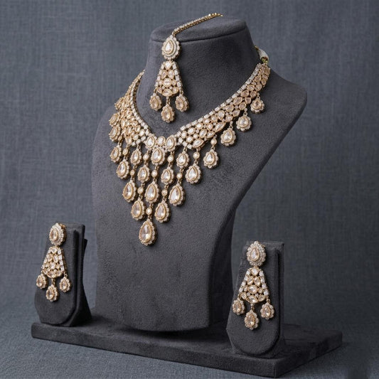 Champagne Polki Bridal Necklace Set with Maang Tikka, Kundan Wedding Jewelry