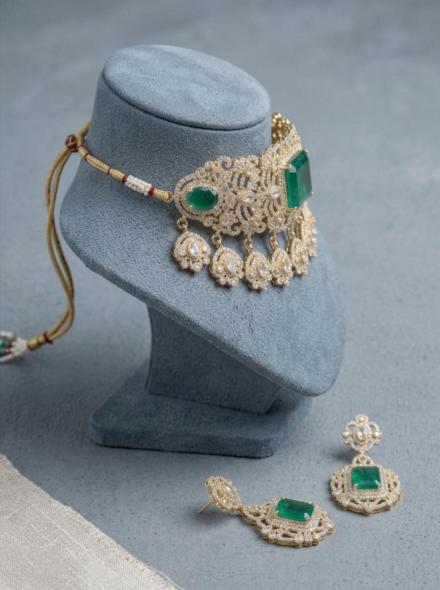 Emerald Green Kundan Choker Set | Gold Plated Indian Bridal Statement Necklace