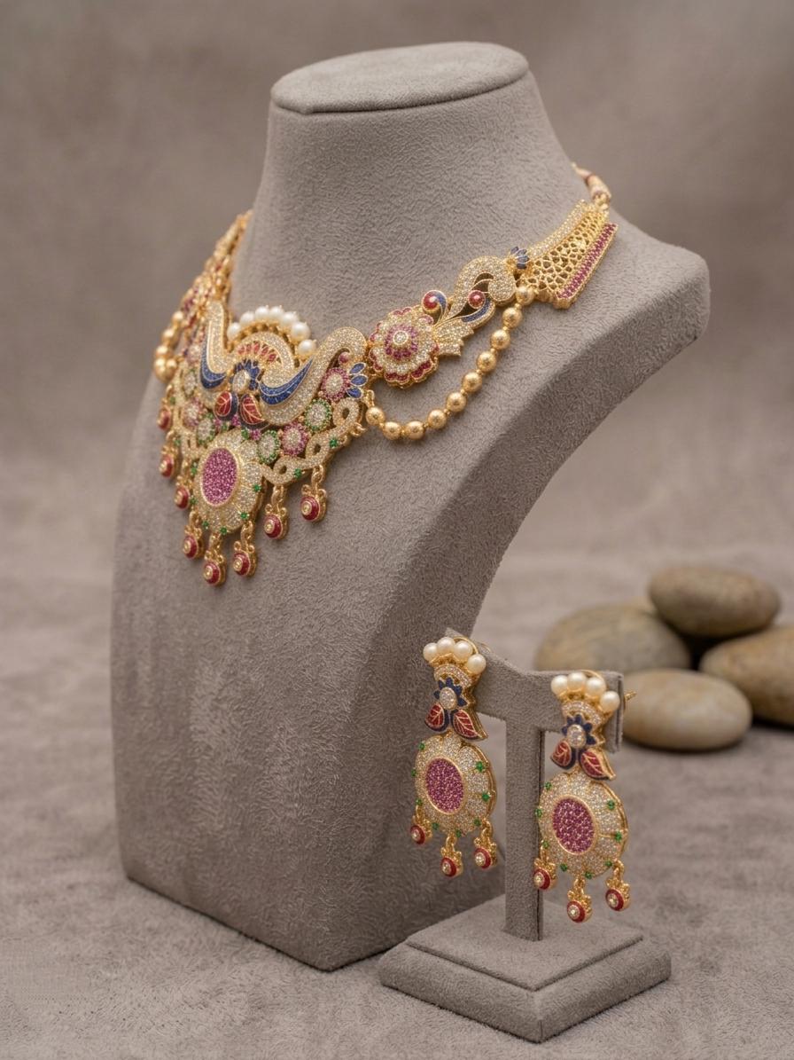 Kundan Necklace Set, Multicolor Stones, Antique Gold Finish, Bridal Festive Jewelry