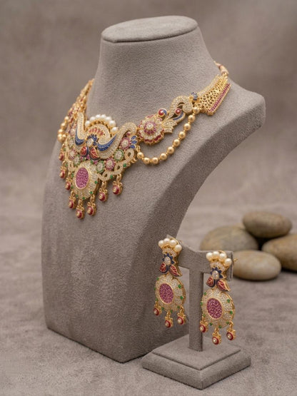 Kundan Necklace Set, Multicolor Stones, Antique Gold Finish, Bridal Festive Jewelry