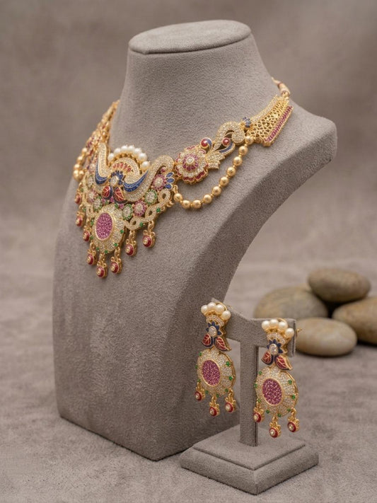 Kundan Necklace Set, Multicolor Stones, Antique Gold Finish, Bridal Festive Jewelry