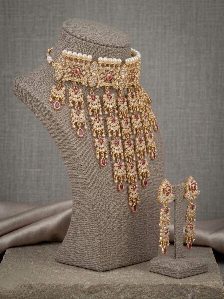 Gold Kundan Choker Necklace Set, Bridal Statement Jewelry, Pearl Accents, Long Earrings