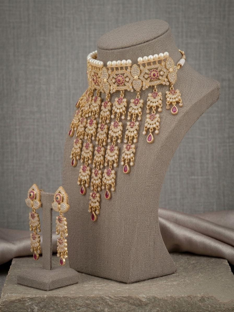 Gold Kundan Choker Necklace Set, Bridal Statement Jewelry, Pearl Accents, Long Earrings