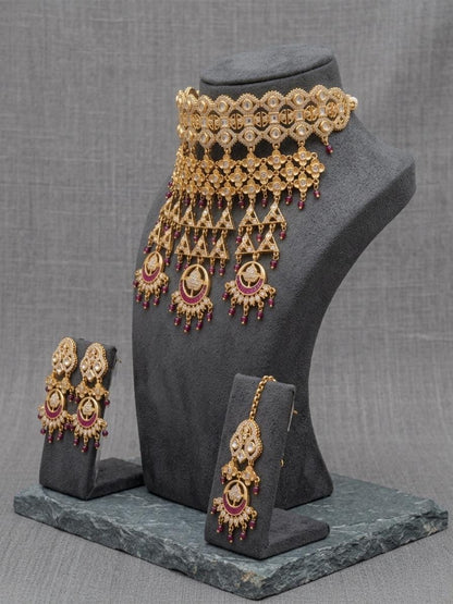 Gold Kundan Choker Necklace Set with Maang Tikka, Ruby Bridal Jewelry