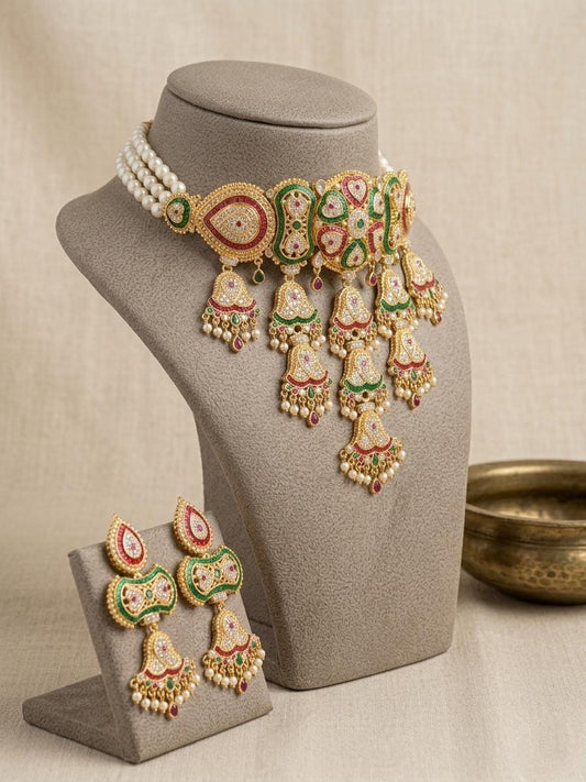 Multicolor Kundan Choker Necklace Set, Indian Bridal Wedding Jewelry, Statement Earrings, Ethnic Festive Style