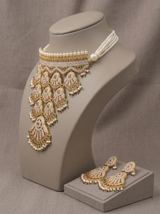Pearl Kundan Necklace Set, Indian Bridal Jewelry, Wedding Statement Necklace Earrings