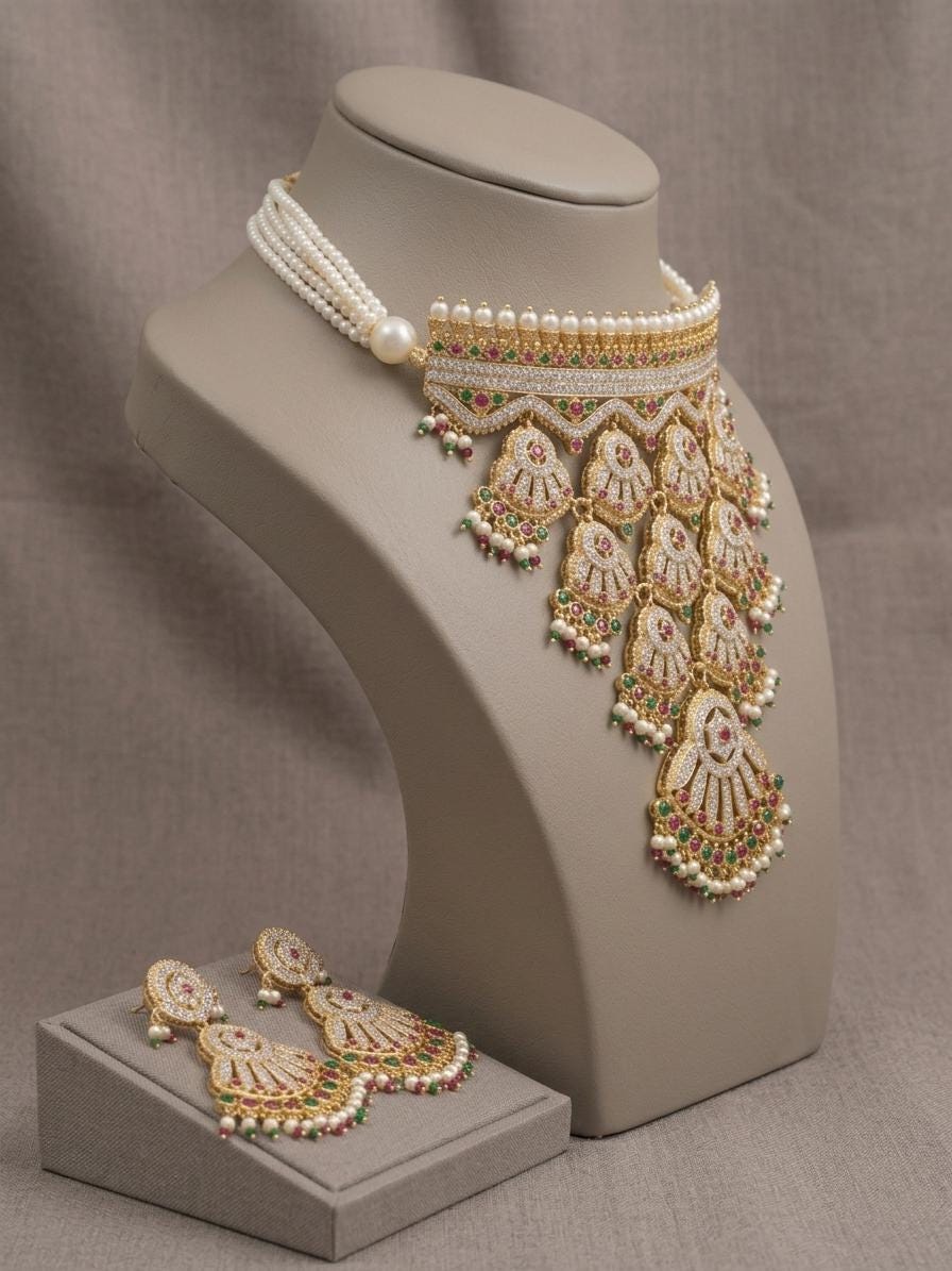 Pearl Kundan Necklace Set, Indian Bridal Jewelry, Wedding Statement Necklace Earrings