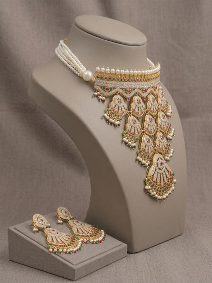 Pearl Kundan Necklace Set, Indian Bridal Jewelry, Wedding Statement Necklace Earrings