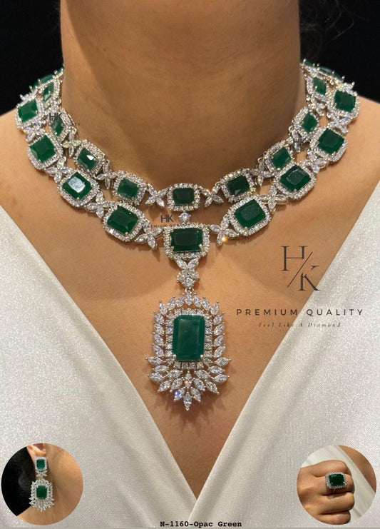 AD CZ Statement Necklace Set | Bridal Choker Pendant Earrings | Party Wedding Jewelry