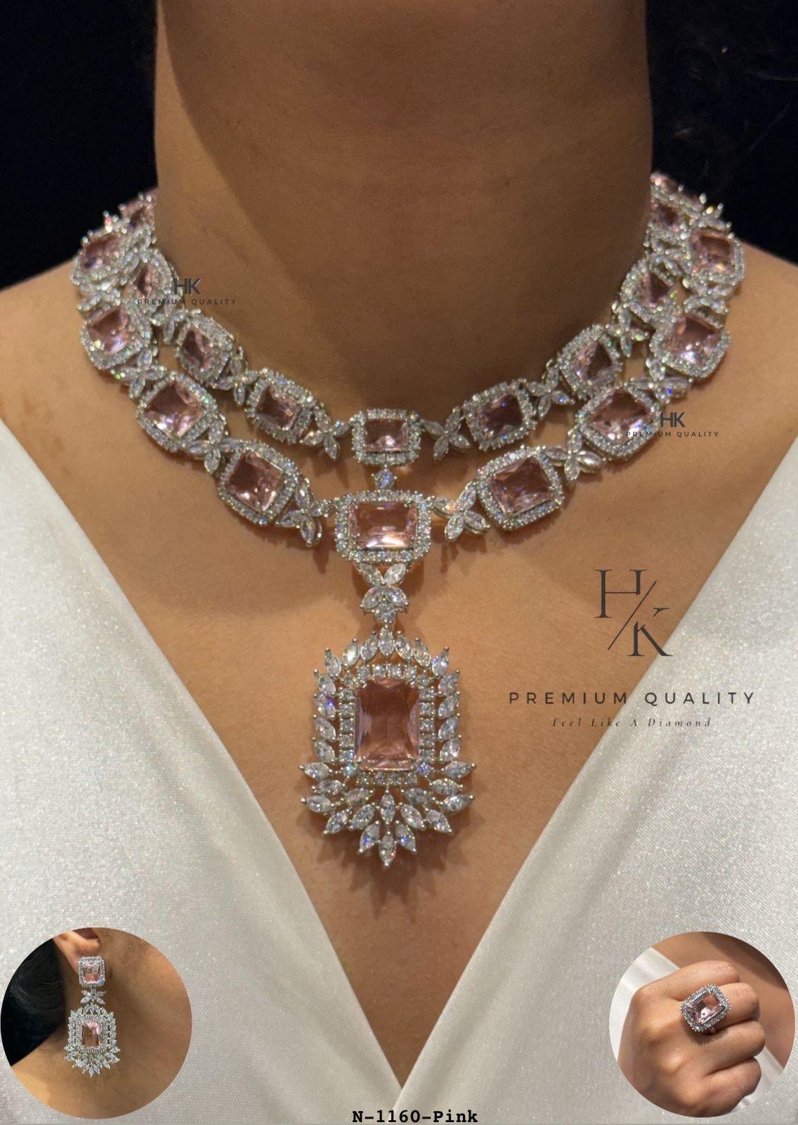 AD CZ Statement Necklace Set | Bridal Choker Pendant Earrings | Party Wedding Jewelry