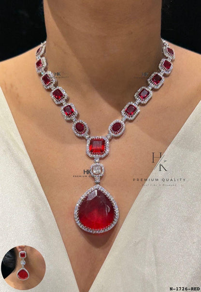 American Diamond Drop Pendant Necklace Set | Bridal Statement Jewelry, Wedding Earrings