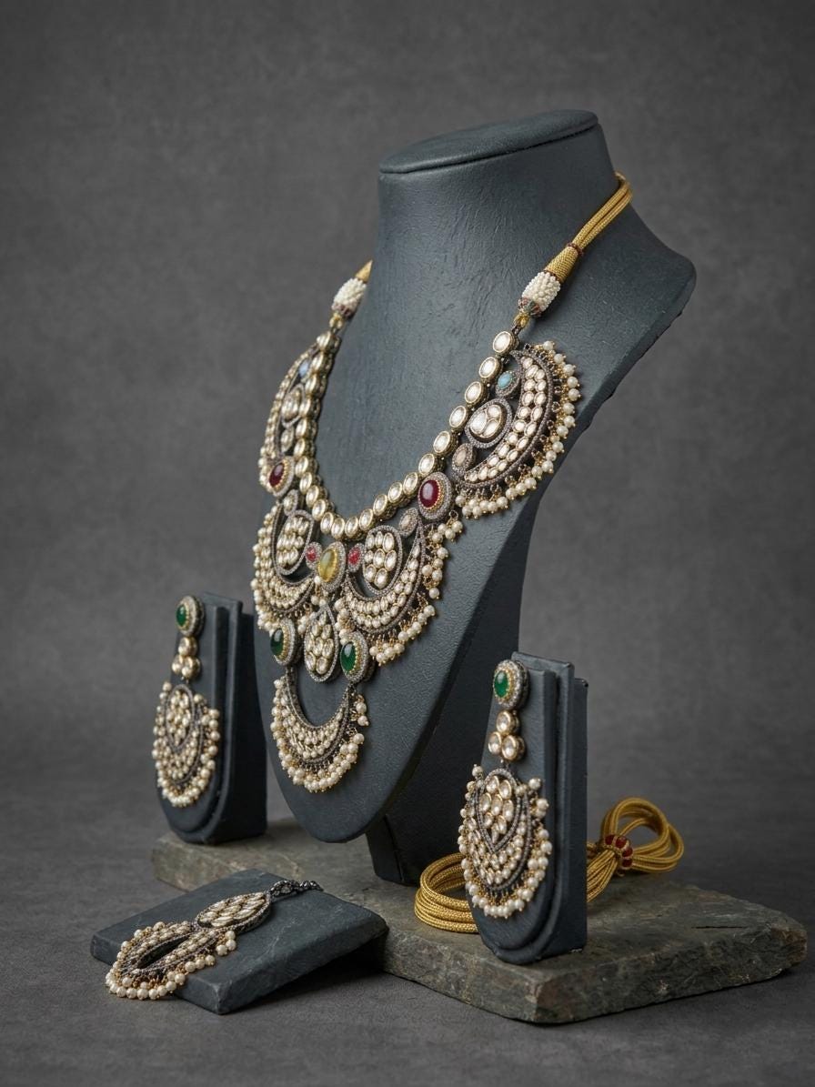 Oxidized Kundan Statement Necklace Set, Vintage Indian Bridal Choker, Pearl Drop Ethnic Jewelry