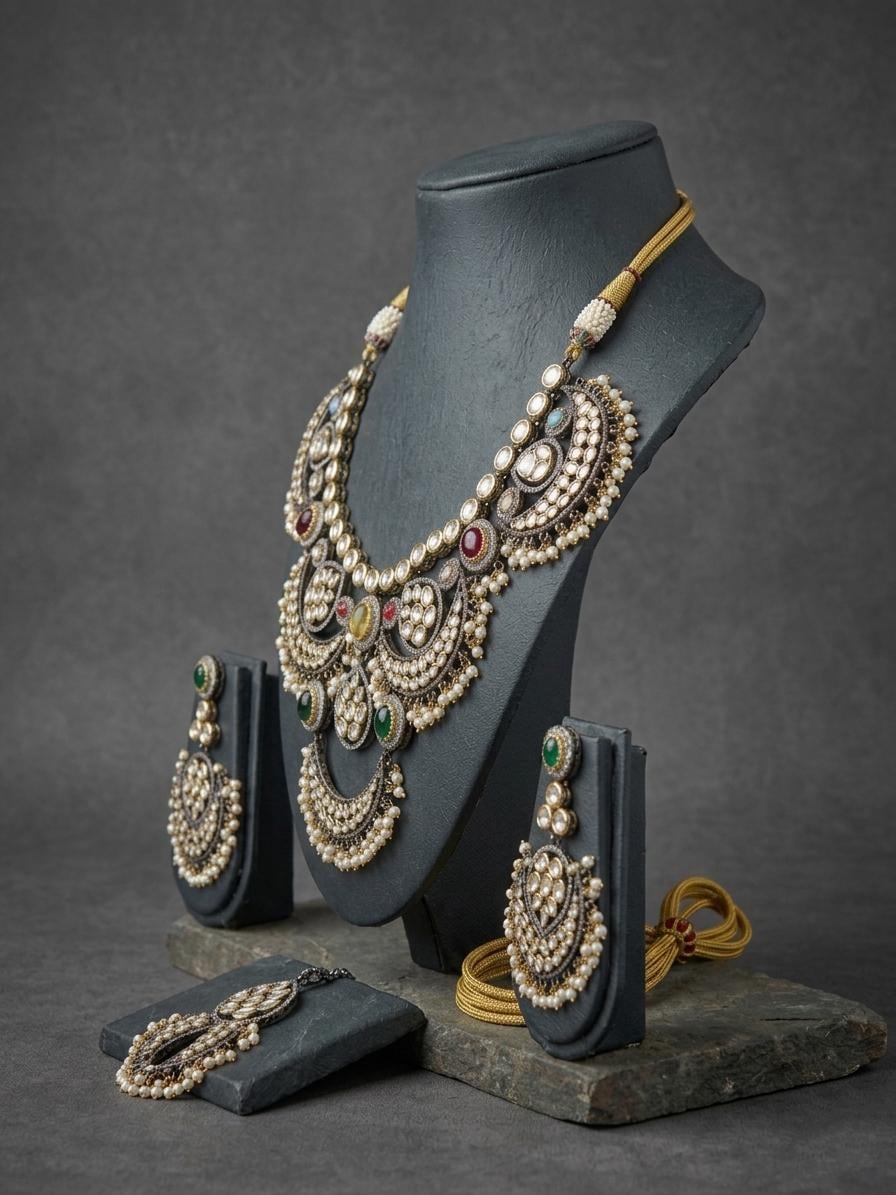 Oxidized Kundan Statement Necklace Set, Vintage Indian Bridal Choker, Pearl Drop Ethnic Jewelry