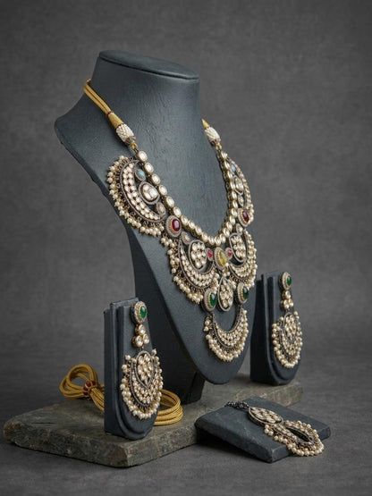Oxidized Kundan Statement Necklace Set, Vintage Indian Bridal Choker, Pearl Drop Ethnic Jewelry