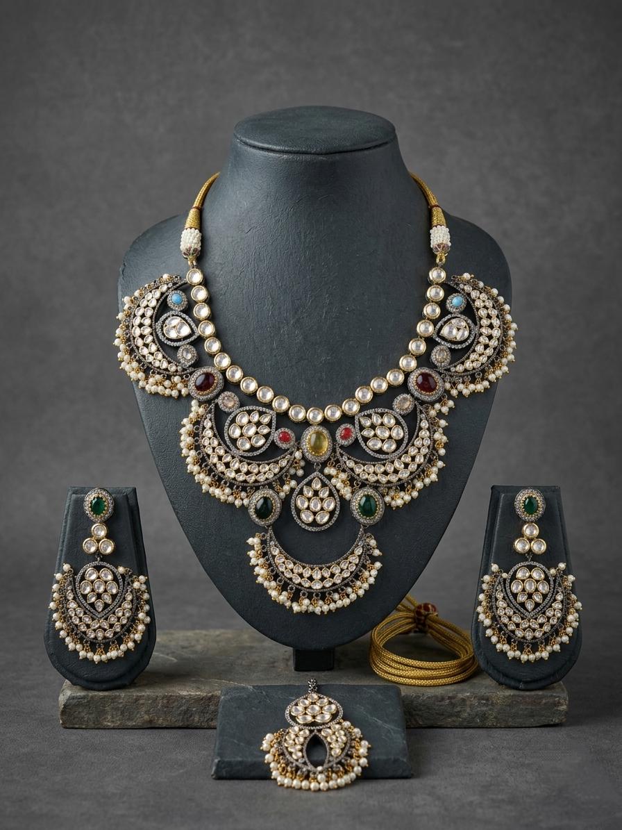 Oxidized Kundan Statement Necklace Set, Vintage Indian Bridal Choker, Pearl Drop Ethnic Jewelry