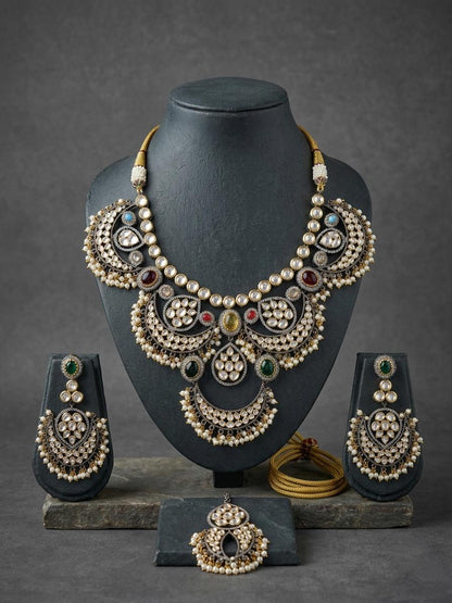 Oxidized Kundan Statement Necklace Set, Vintage Indian Bridal Choker, Pearl Drop Ethnic Jewelry