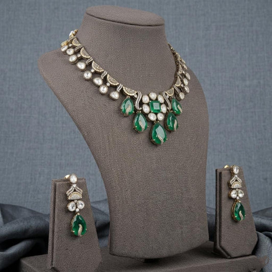 Emerald Green Statement Necklace Set, Kundan Crystal Bridal Jewelry, Gold Ethnic Earrings