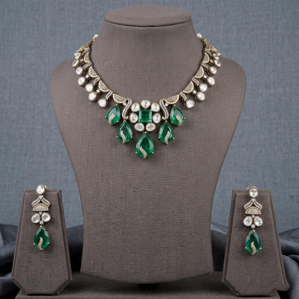Emerald Green Statement Necklace Set, Kundan Crystal Bridal Jewelry, Gold Ethnic Earrings