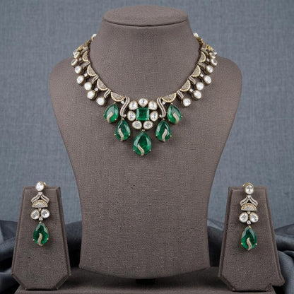 Emerald Green Statement Necklace Set, Kundan Crystal Bridal Jewelry, Gold Ethnic Earrings