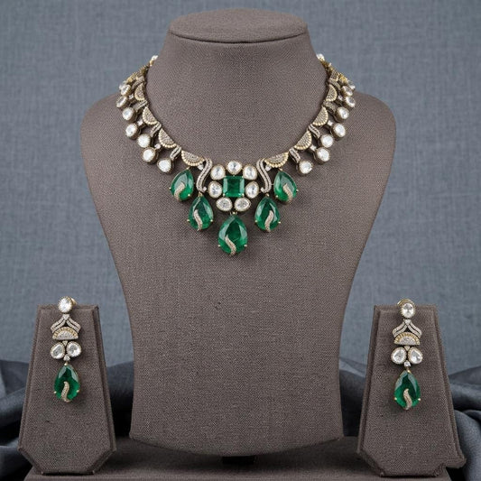Emerald Green Statement Necklace Set, Kundan Crystal Bridal Jewelry, Gold Ethnic Earrings