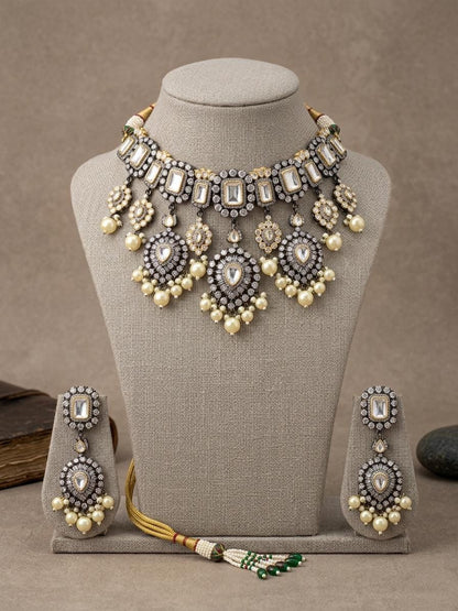 Victorian Oxidized Kundan Choker Necklace Set, Pearl Bridal Jewelry