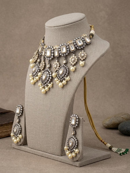 Victorian Oxidized Kundan Choker Necklace Set, Pearl Bridal Jewelry