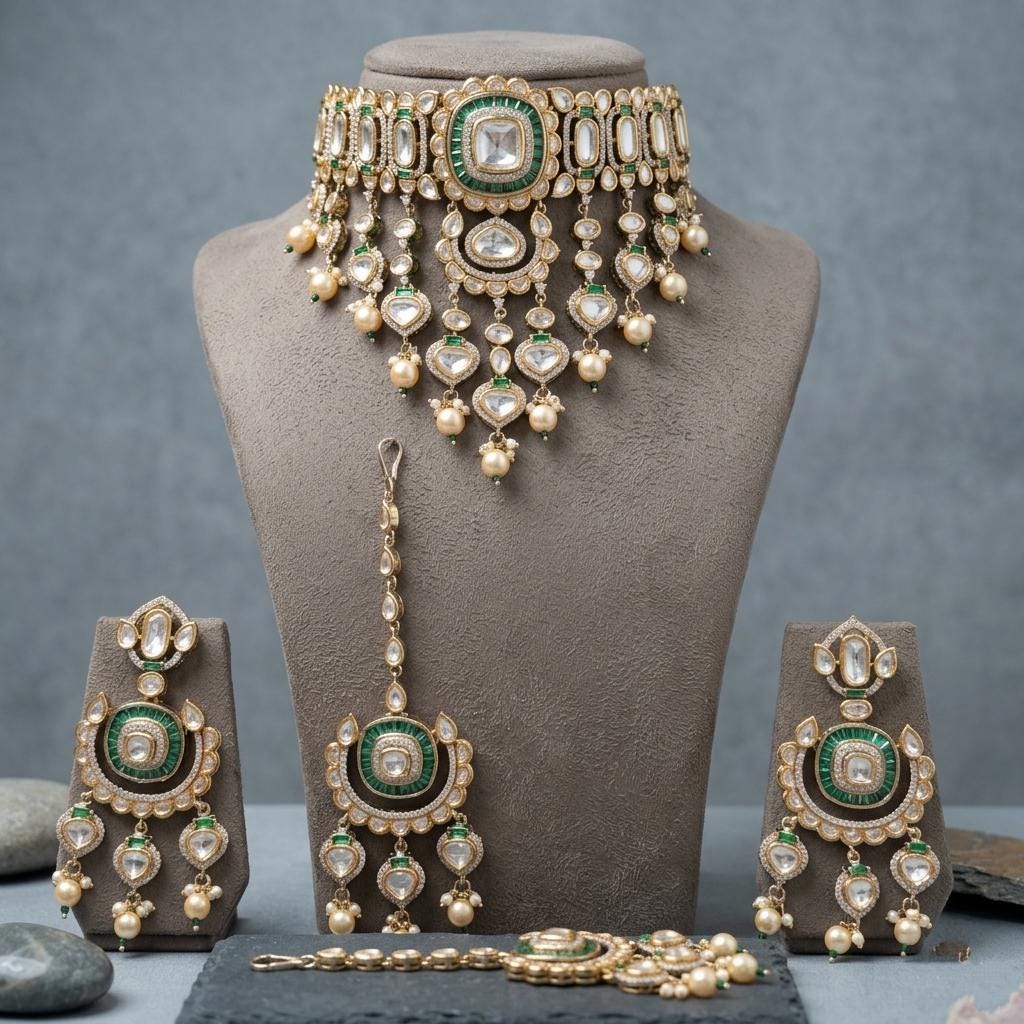 Green Kundan Bridal Choker Set with Maang Tikka, Polki Wedding Jewelry
