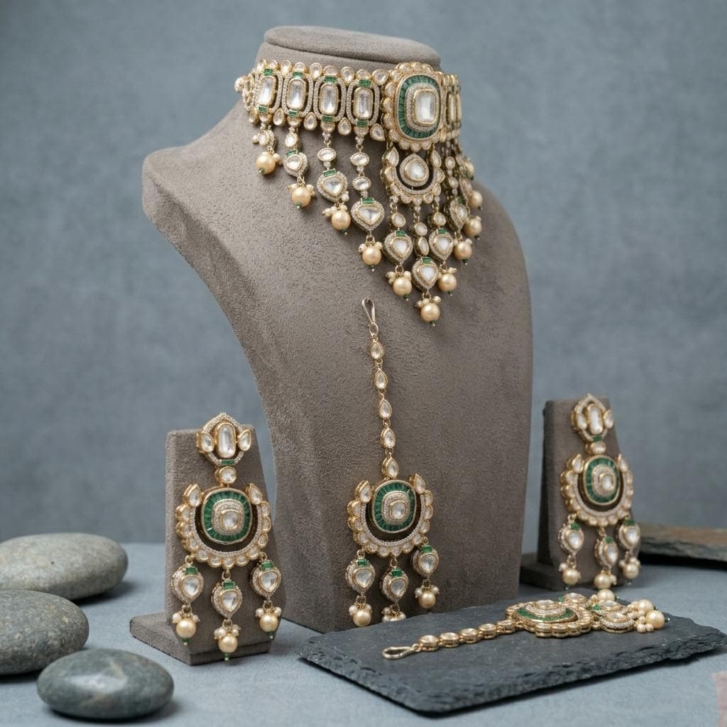 Green Kundan Bridal Choker Set with Maang Tikka, Polki Wedding Jewelry