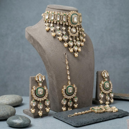 Green Kundan Bridal Choker Set with Maang Tikka, Polki Wedding Jewelry