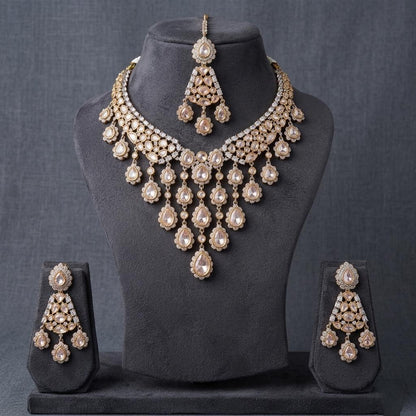 Champagne Polki Bridal Necklace Set with Maang Tikka, Kundan Wedding Jewelry