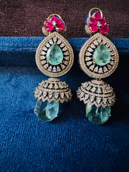 Emerald Ruby CZ Jhumka Earrings | Victorian Statement Bridal Drop Jewelry