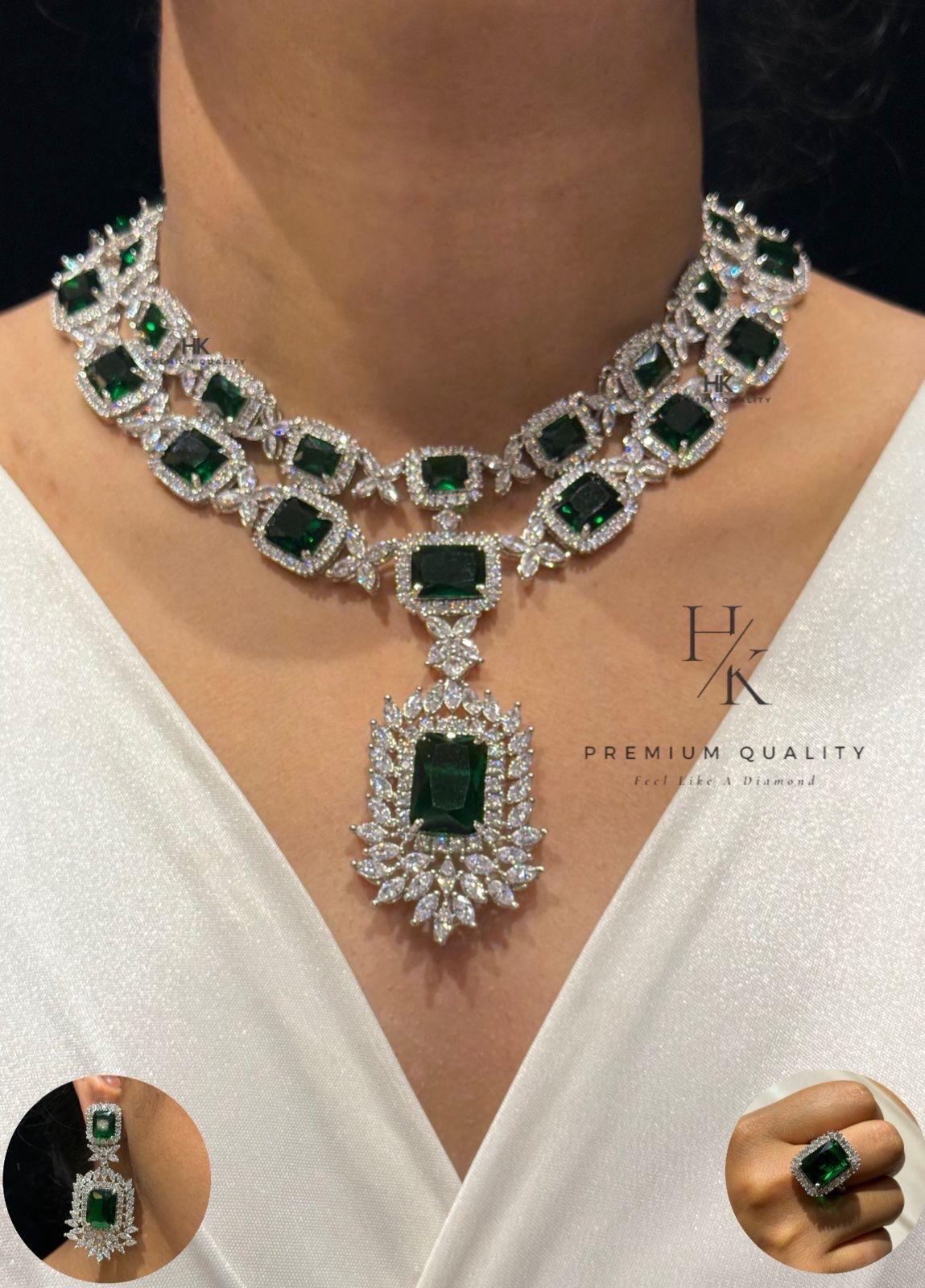 AD CZ Statement Necklace Set | Bridal Choker Pendant Earrings | Party Wedding Jewelry