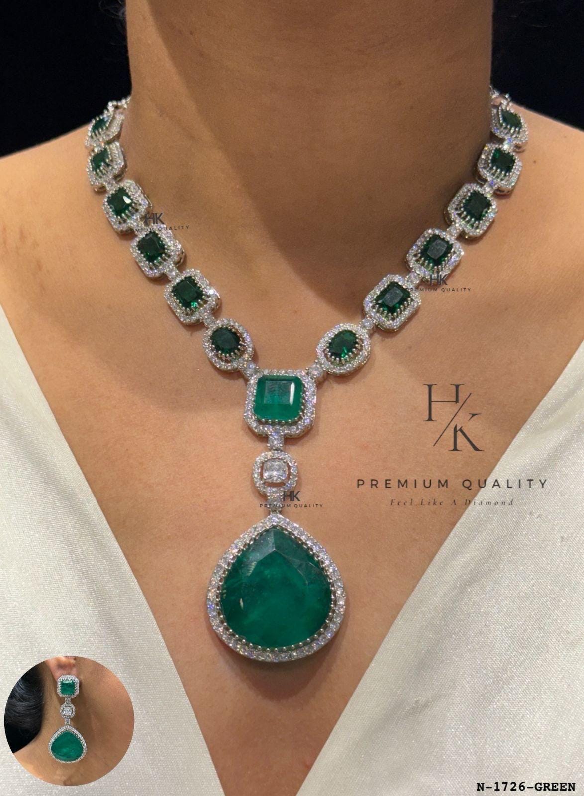 American Diamond Drop Pendant Necklace Set | Bridal Statement Jewelry, Wedding Earrings