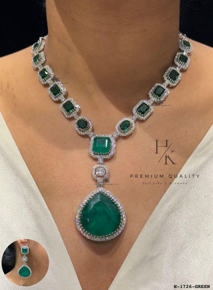 American Diamond Drop Pendant Necklace Set | Bridal Statement Jewelry, Wedding Earrings