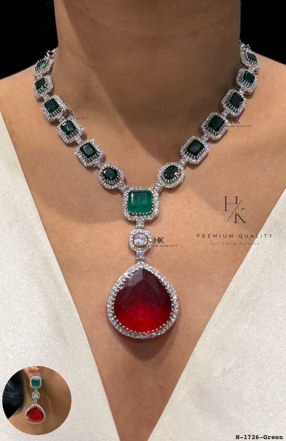 American Diamond Drop Pendant Necklace Set | Bridal Statement Jewelry, Wedding Earrings