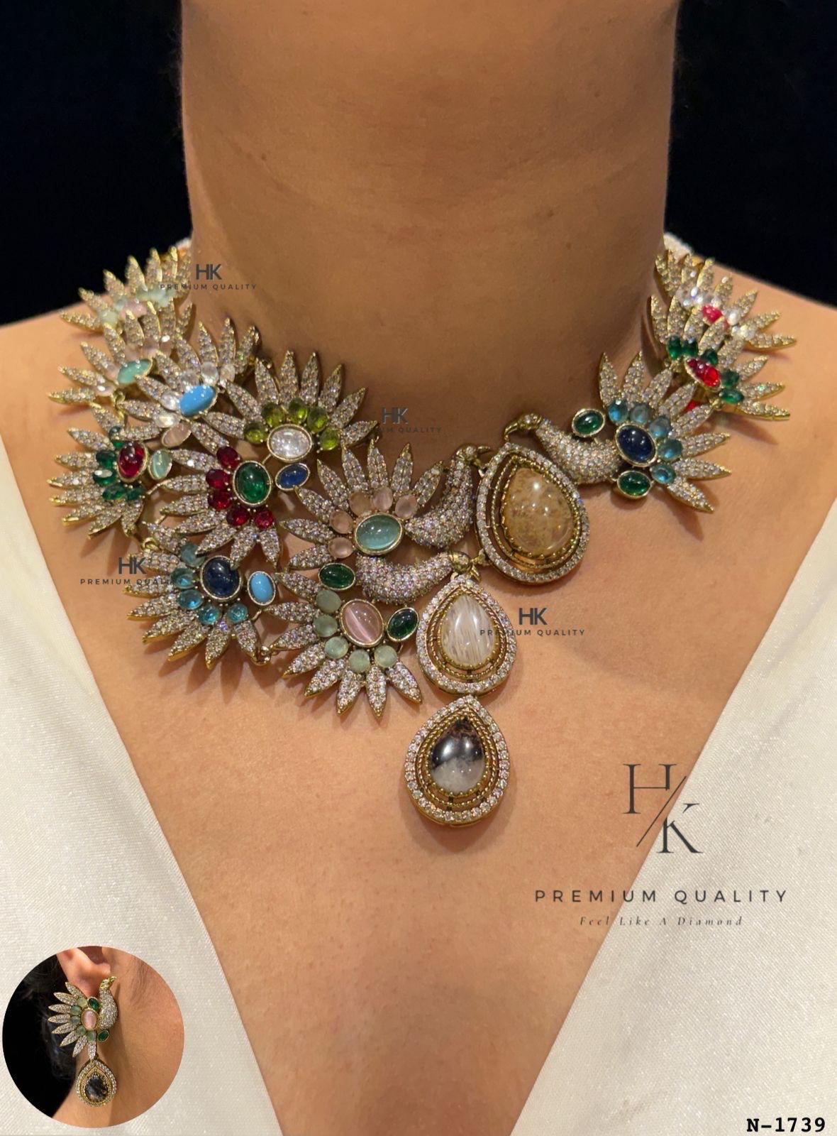Floral CZ Statement Choker Set | Multicolor Bridal Necklace Earrings | Artistic Party Wear